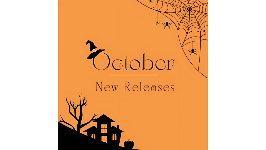 An orange background with a Halloween-themed illustration of a haunted house, spiders, and cobwebs, titled "October New Releases" in black font, with a witch hat over the letter "O."