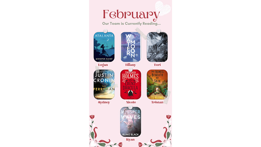 A graphic displaying the books the Once Upon a Book Club team is reading in February, featuring eight book covers and names.