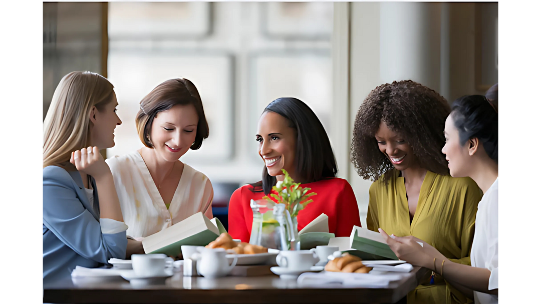 A diverse group of five women sitting at a café table, smiling and discussing books over coffee and pastries.