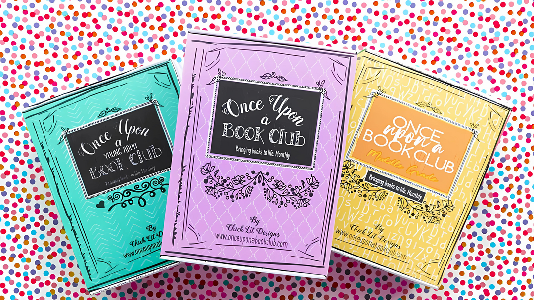 Three colorful "Once Upon a Book Club" boxes in teal, lavender, and yellow on a vibrant confetti-patterned background.