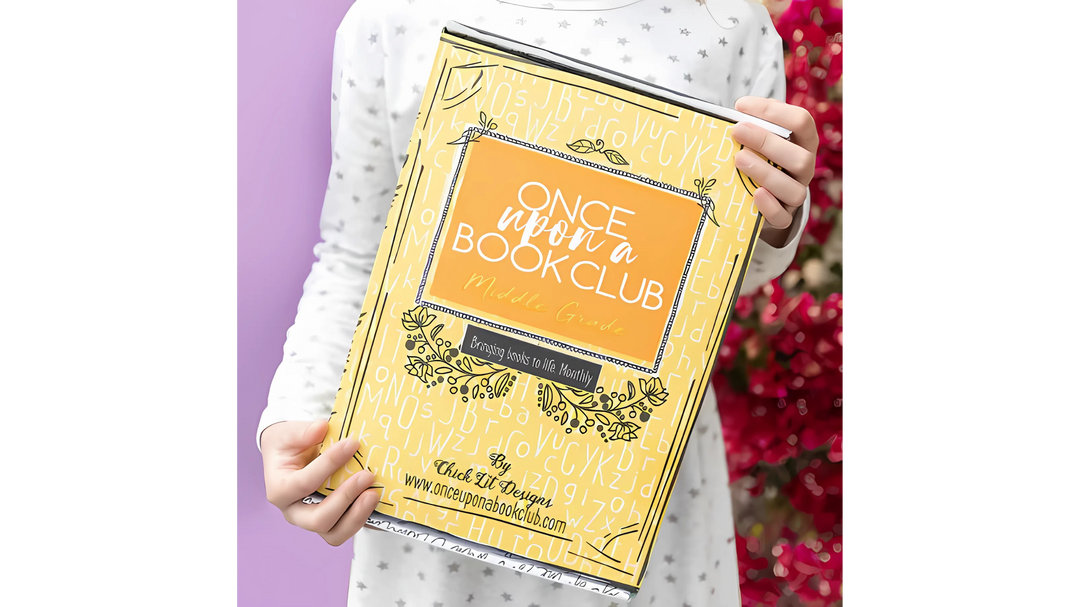 A child wearing a white, star-patterned outfit holding a yellow Once Upon a Book Club box against a vibrant purple background.