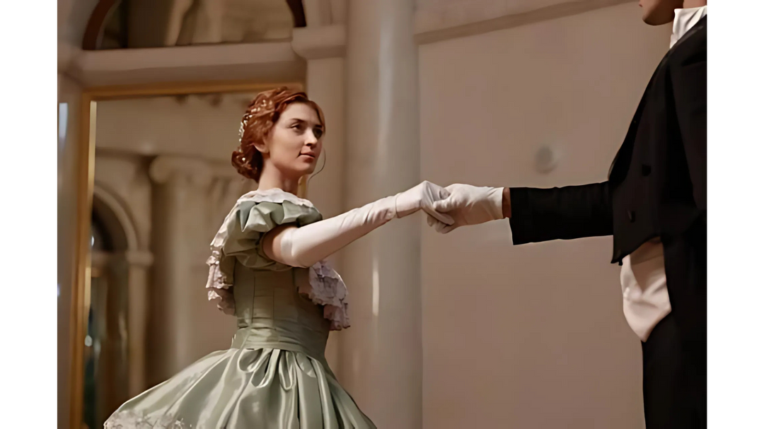 A grand ballroom scene with a woman in a Victorian gown dancing with a suited man, evoking historical romance.