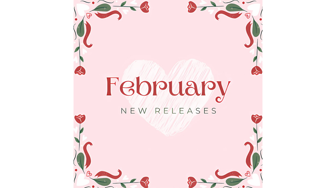 A pink February New Releases graphic with a heart design and decorative floral border, announcing upcoming book releases.