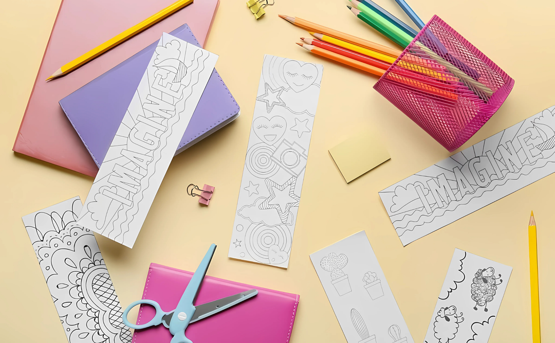 A vibrant array of coloring bookmarks, pencils, notebooks, and scissors arranged on a pastel yellow background for crafting.