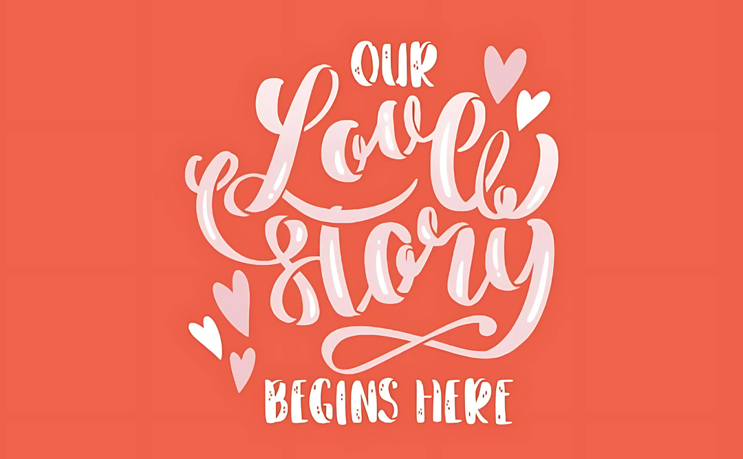 Literary Love Quotes elegantly scripted in white on a coral backdrop with Our Love Story Begins Here surrounded by hearts, evoking romantic literature.