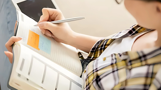 A person wearing a plaid shirt writes in a notebook with colorful sticky notes while holding a pen, focused on their task.