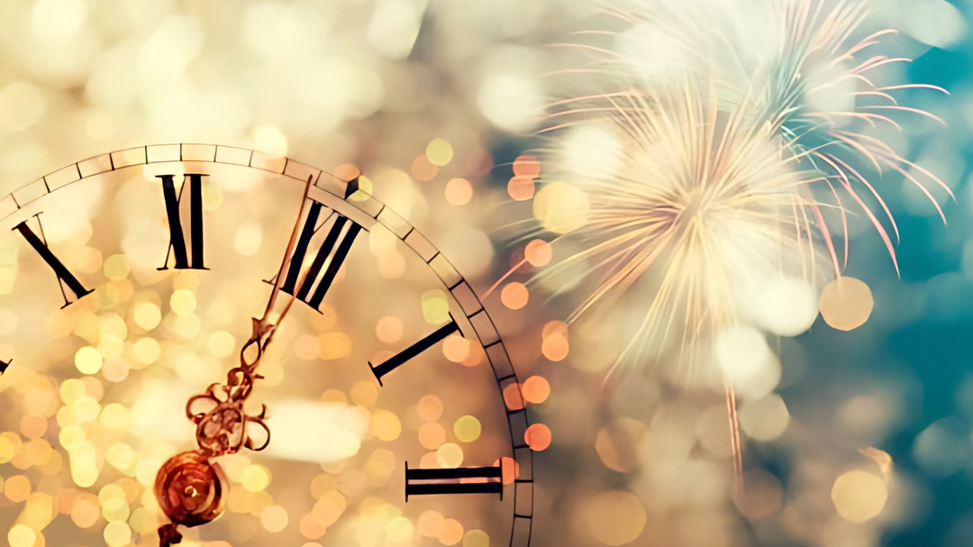 A vintage clock showing midnight with golden fireworks in the background, symbolizing the excitement of the New Year countdown.