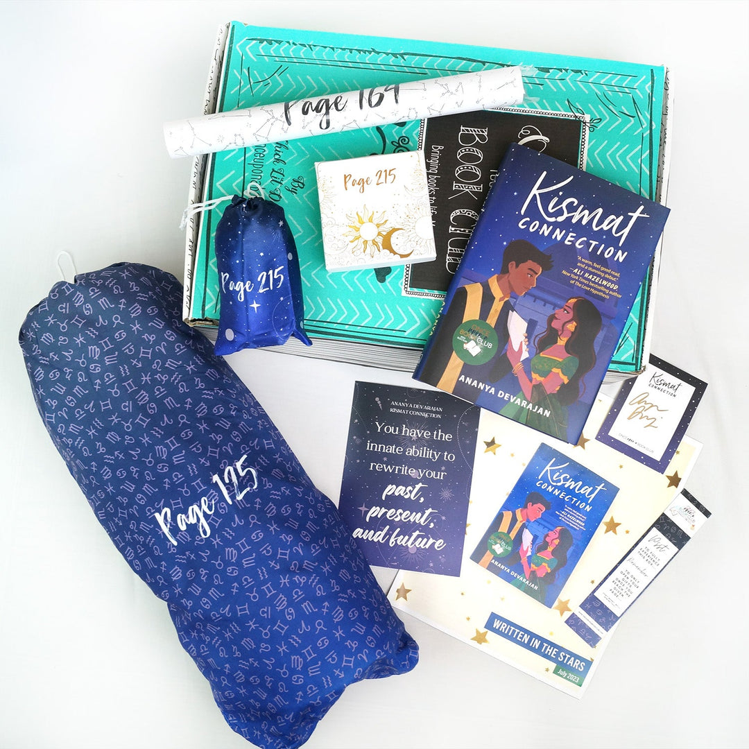 A Once Upon a Book Club kit featuring the book "Kismat Connection" with zodiac-themed gifts labeled by specific page numbers.