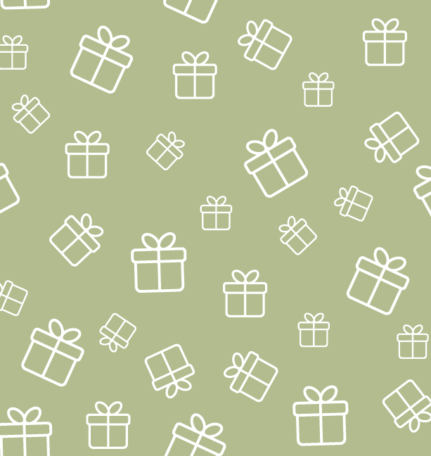 a green background with a pattern of white outlined presents across it.