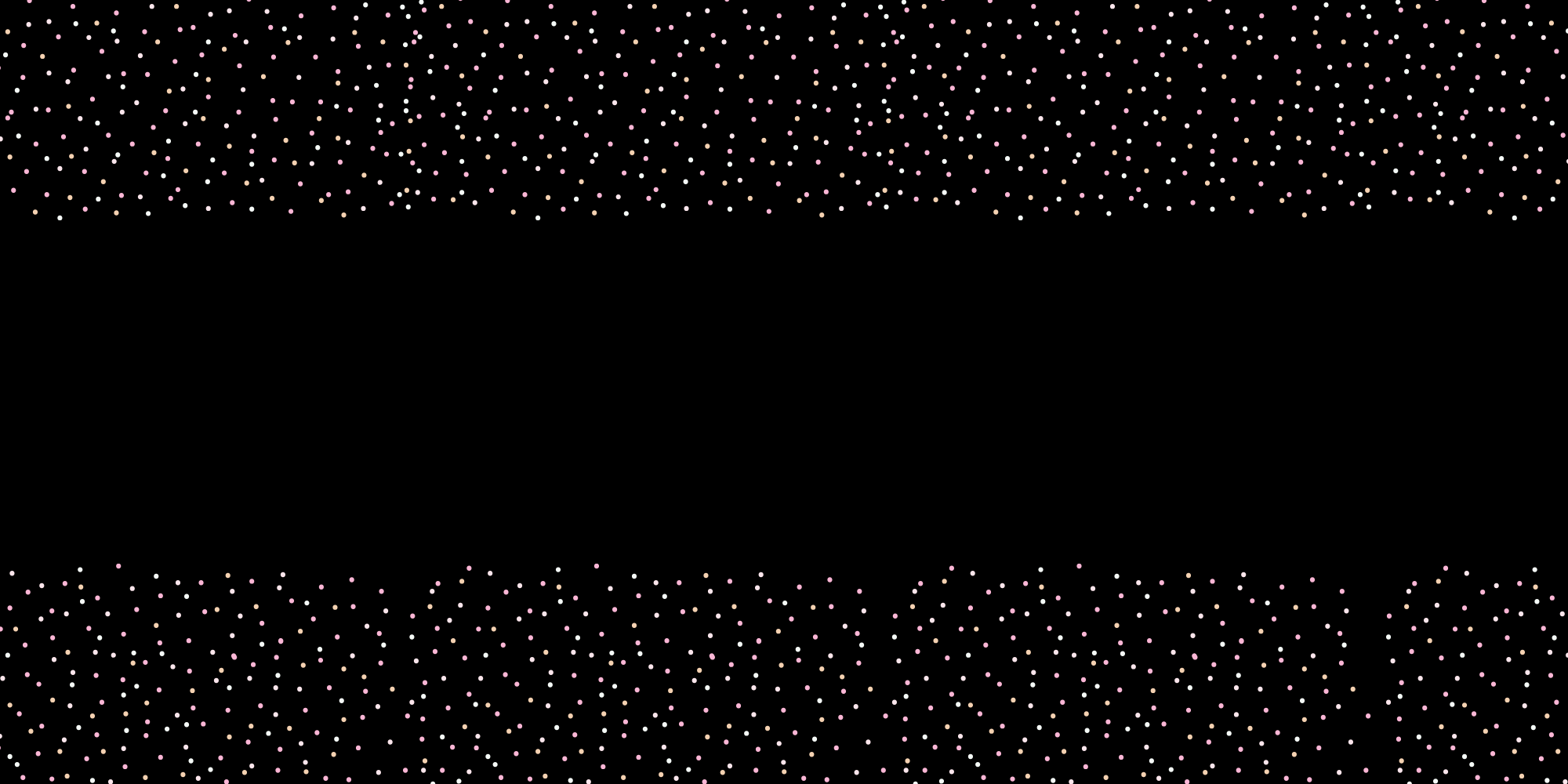 a black background with pink, gold, and white sparkles across the top and bottom of the image.