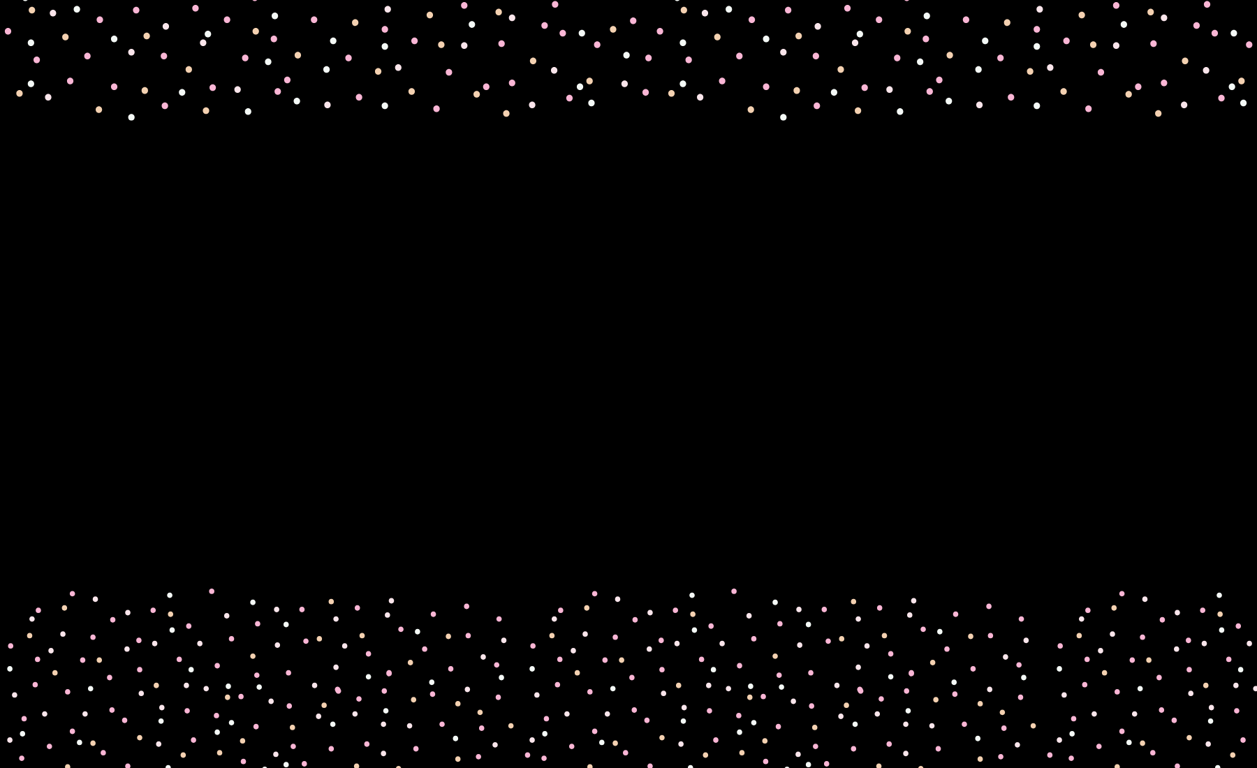 a black background with pink, gold, and white sparkles across the top and bottom of the image.