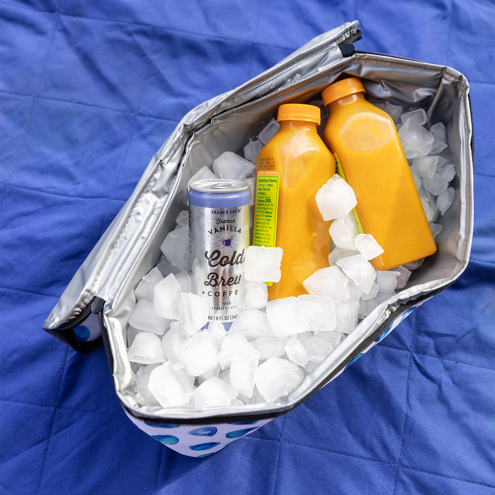 the bottom, cooler portion of the bag filled with ice and drinks.