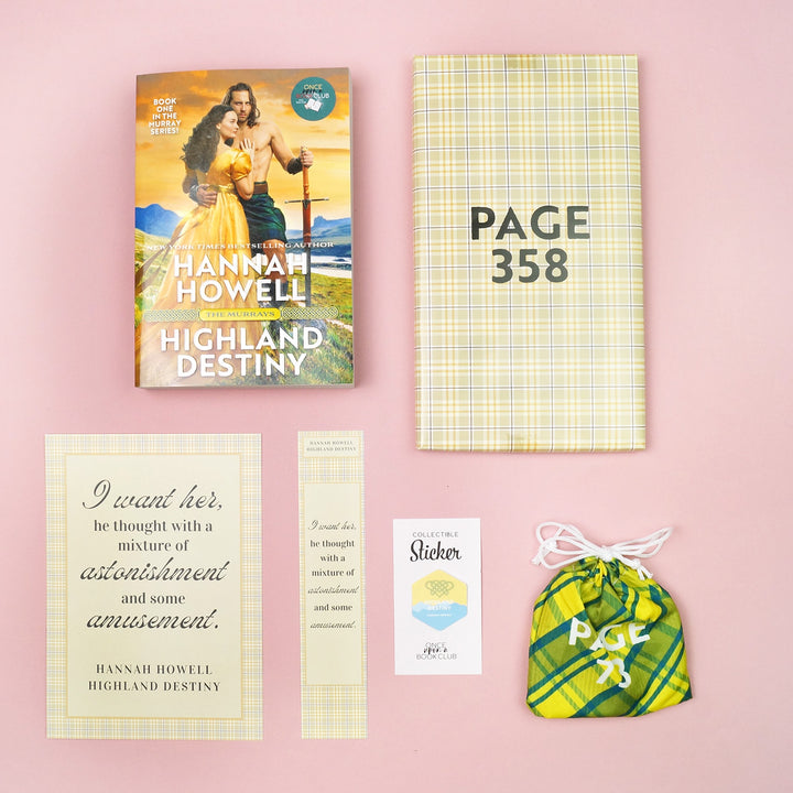 A mass market paperback edition of Highland Destiny by Hannah Howell sits on a pink background surrounded by two wrapped gifts labeled with page numbers, a 5x7 art print, bookmark, and collectible sticker that matches the book.