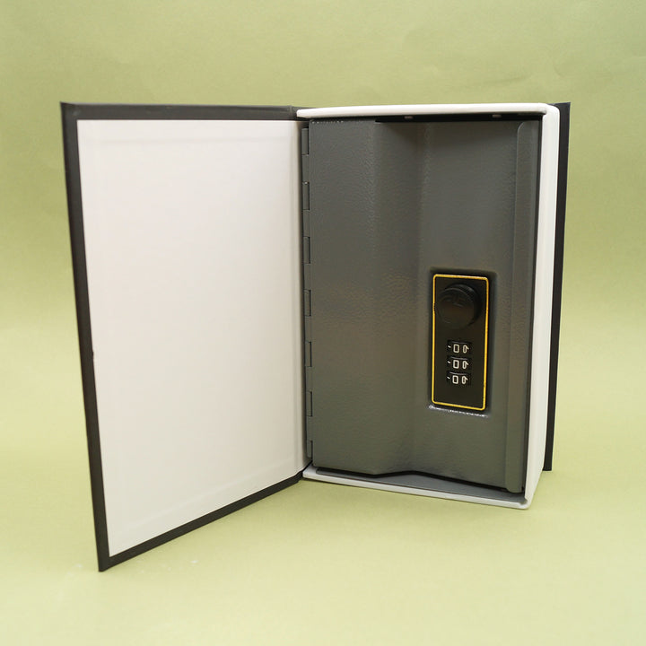 The book safe visible when the front cover of the 'book' is opened revealing a 3-digit combination and unlock dial.