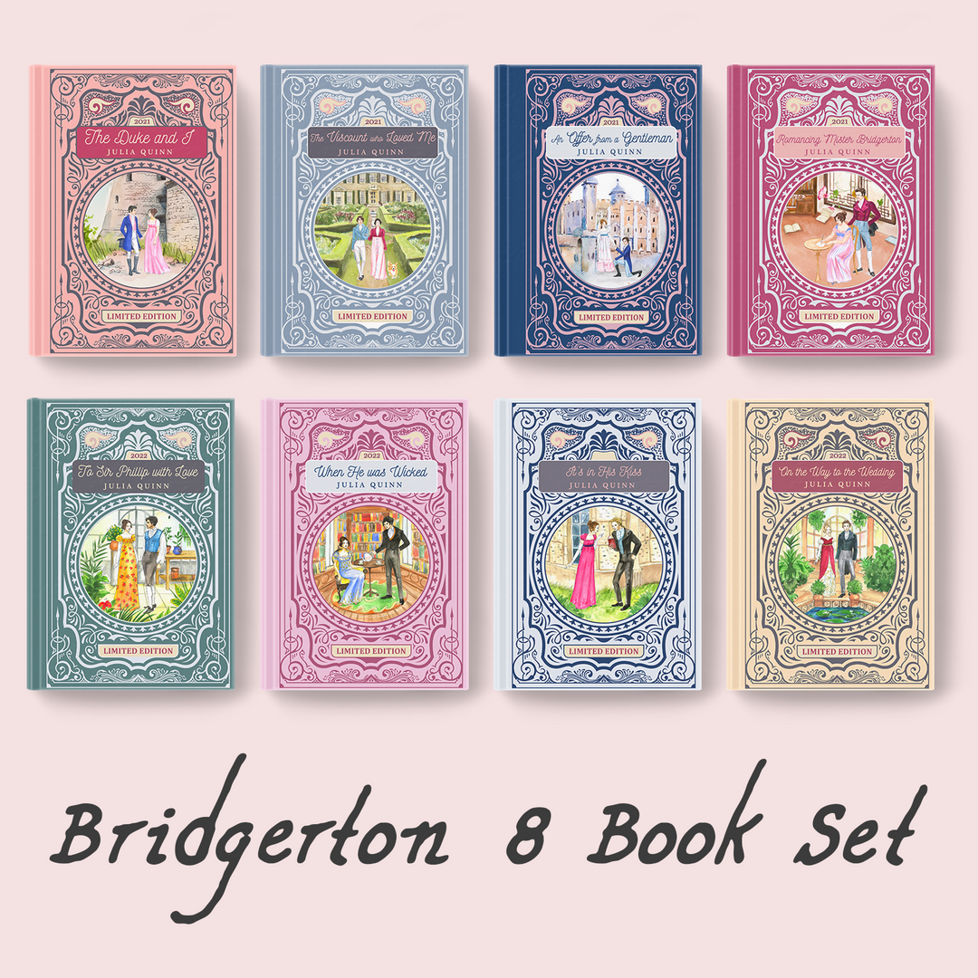 A full set of all eight Bridgerton books by Julia Quinn sits on a light pink background.