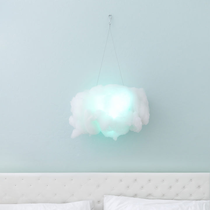 a multicolored cloud light with remote control color changing effects.