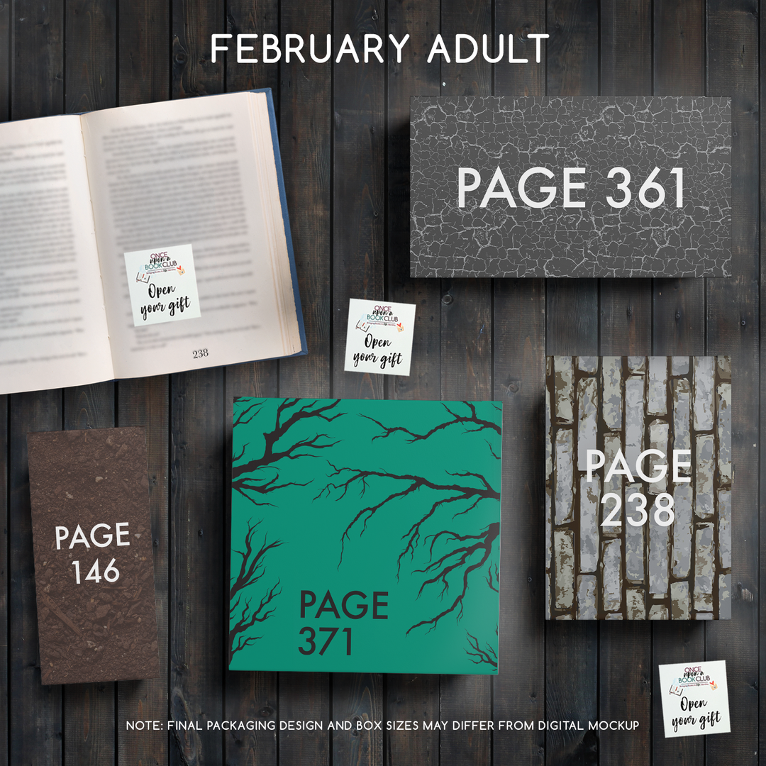 February Adult Book Club gifts are designed in aesthetic packaging colors and patterns to match the book cover/theme of the novel. Each gift is labeled with a page number, signifying when the gift is described within the story.