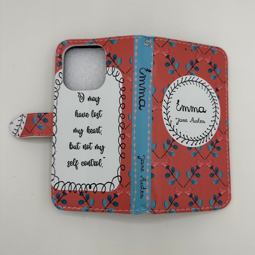 The front and back of a phone case inspired by Emma by Jane Austen.