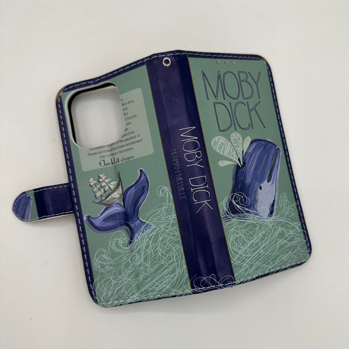 The front and back cover of a book-shaped phone case inspired by Moby Dick by Herman Melville.