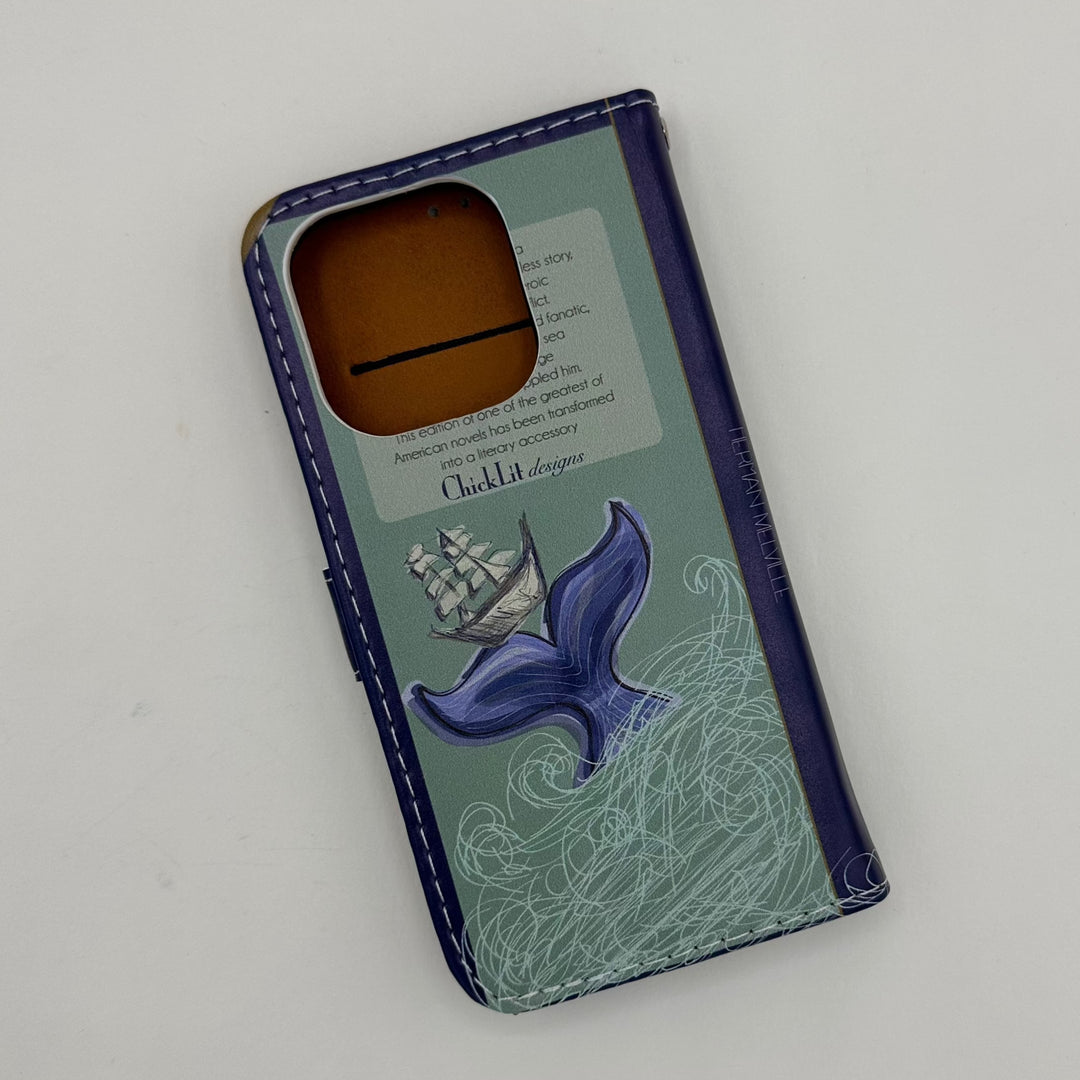 The back cover of a book-shaped phone case inspired by Moby Dick by Herman Melville.