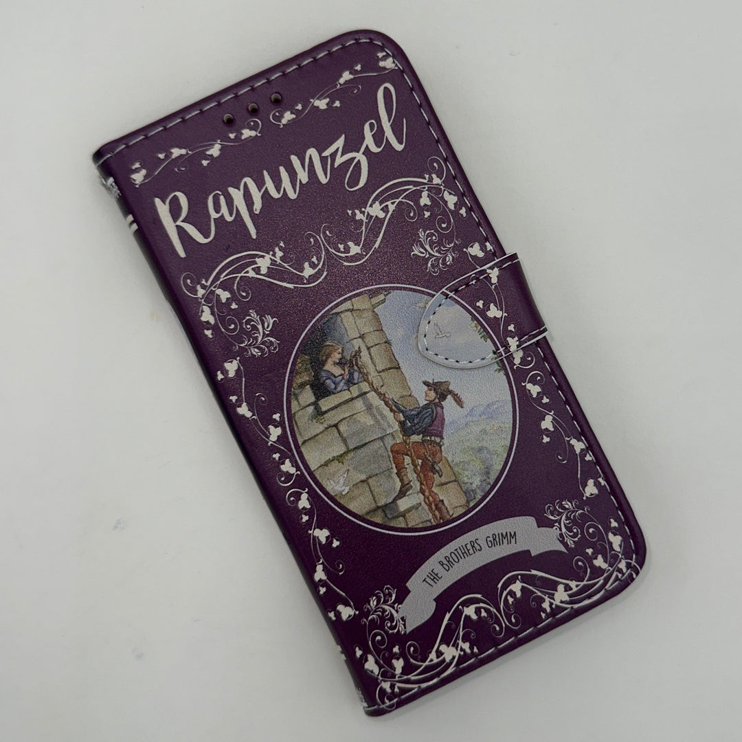 The front cover of a book-shaped phone case inspired by Rapunzel by The Brothers Grimm.