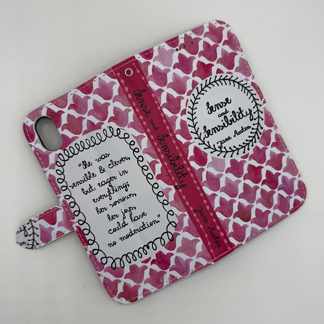 The front and back cover of a book-shaped phone case inspired by Sense and Sensibility by Jane Austen.