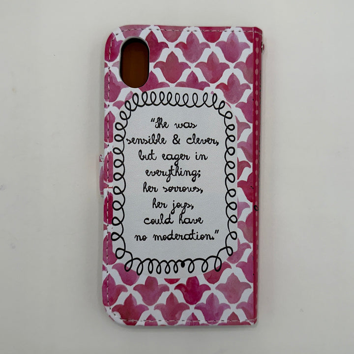 The back cover of a book-shaped phone case inspired by Sense and Sensibility by Jane Austen.