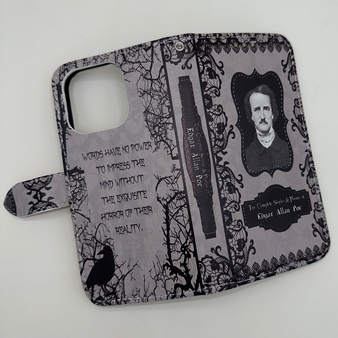 The front and back cover of a phone case inspired by The Complete Stories & Poems of Edgar Allan Poe.