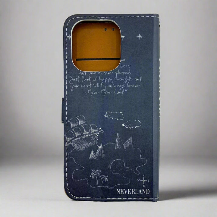 The back cover of a book-shaped phone case inspired by Peter Pan by J.M. Barrie.