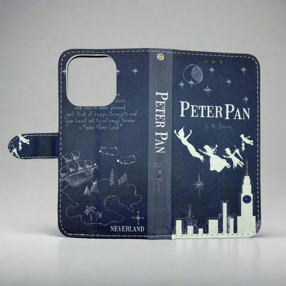 The front and back cover of a book-shaped phone case inspired by Peter Pan by J.M. Barrie.