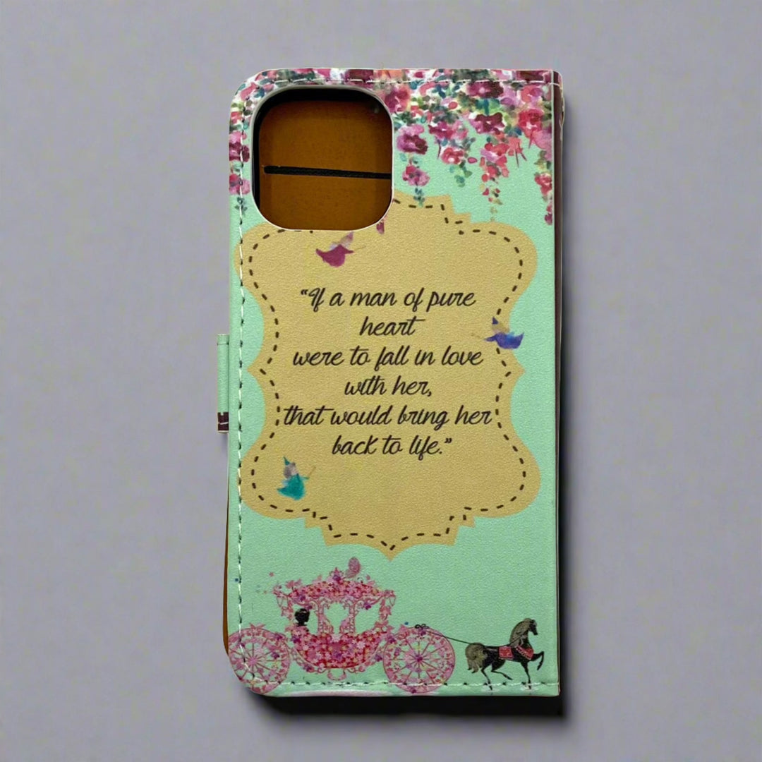 The back cover of a book-shaped phone case inspired by Sleeping Beauty.