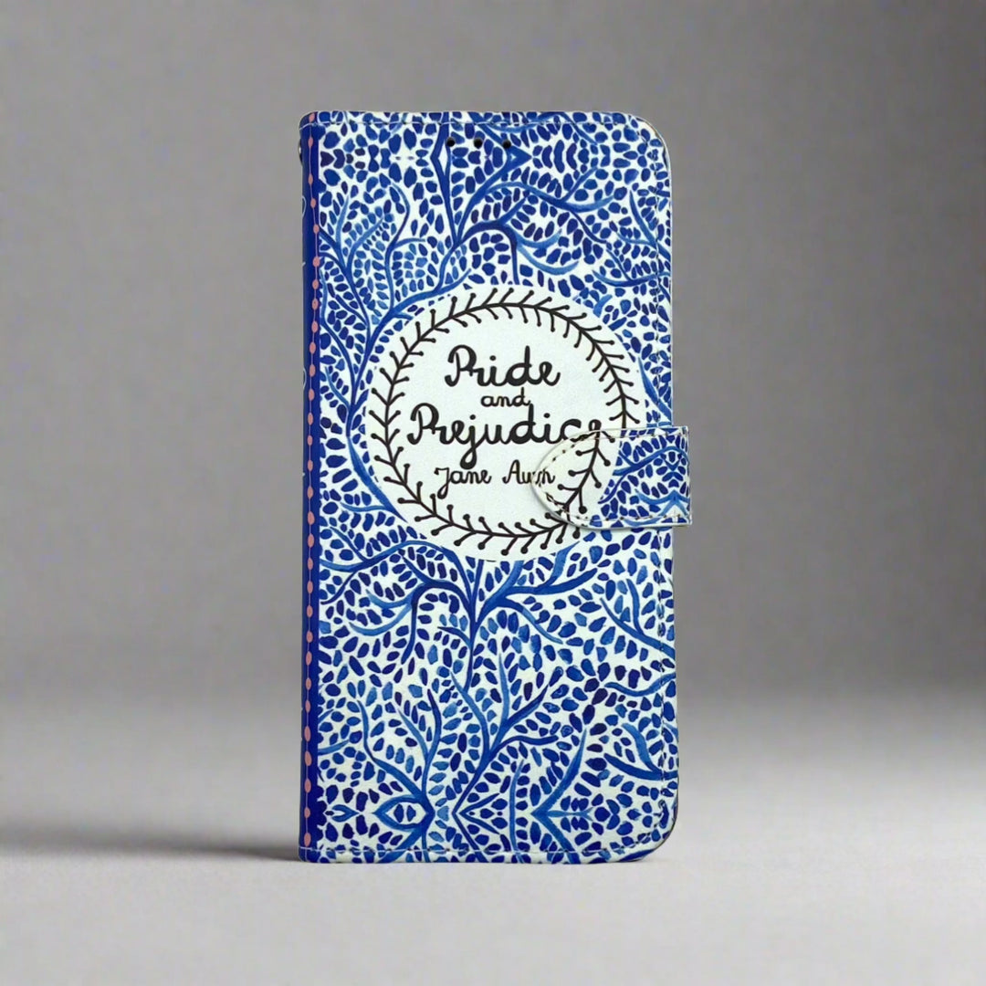 The front cover of a book-shaped phone case inspired by Pride and Prejudice by Jane Austen.