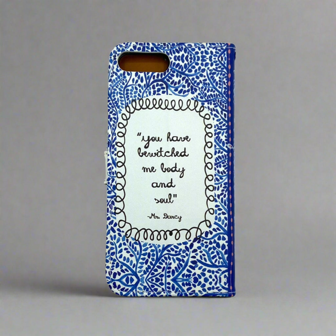 The back cover of a book-shaped phone case inspired by Pride and Prejudice by Jane Austen.