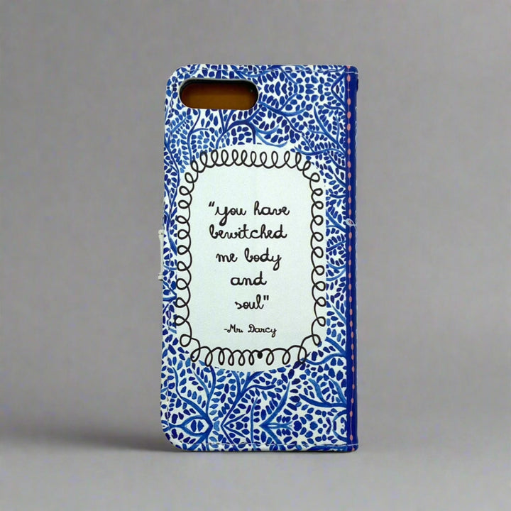 The back cover of a book-shaped phone case inspired by Pride and Prejudice by Jane Austen.