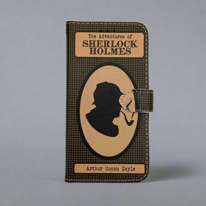 The front cover of a book-shaped phone case inspired by The Adventures of Sherlock Holmes by Sir Arthur Conan Doyle. 