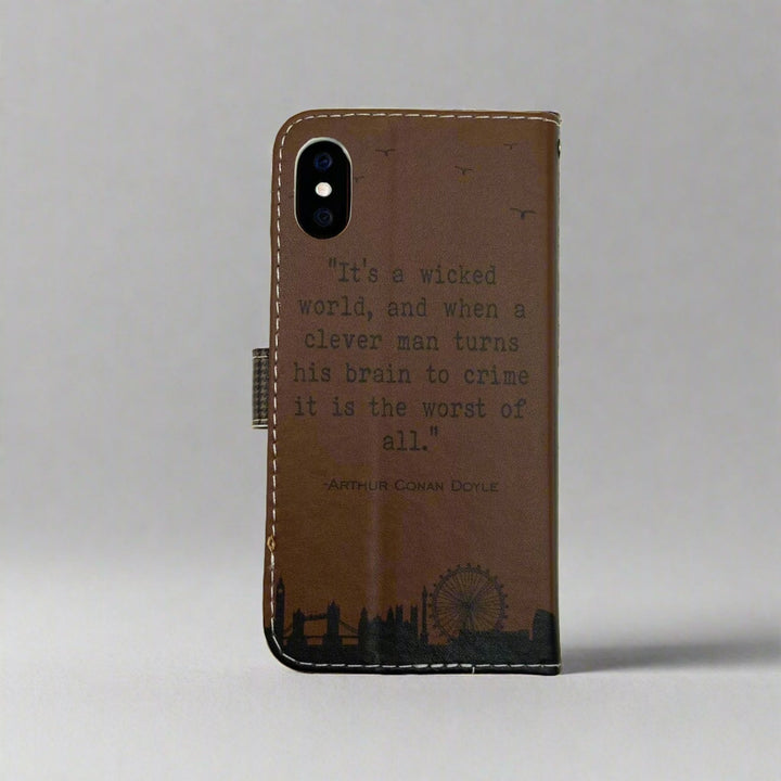 The back cover of a book-shaped phone case inspired by The Adventures of Sherlock Holmes by Sir Arthur Conan Doyle. 