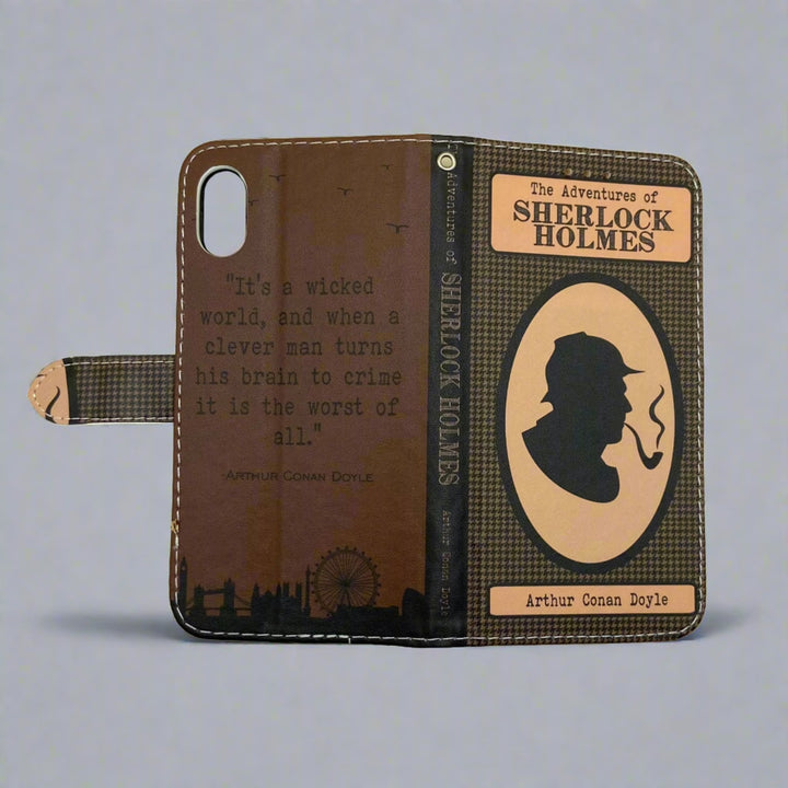 The front and back cover of a book-shaped phone case inspired by The Adventures of Sherlock Holmes by Sir Arthur Conan Doyle. 
