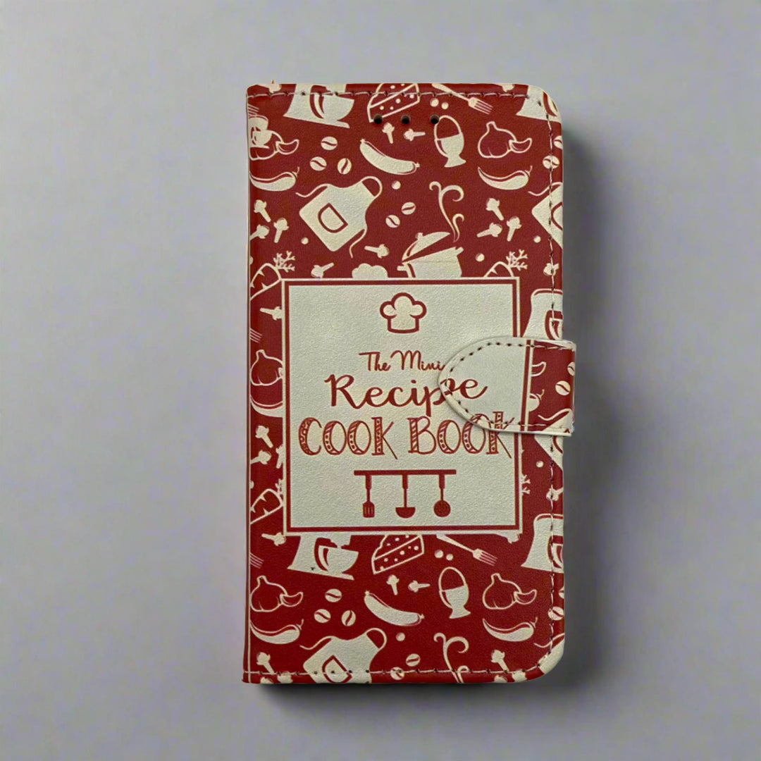 The front of a book-shaped phone case inspired by The Mini Recipe Cook Book.