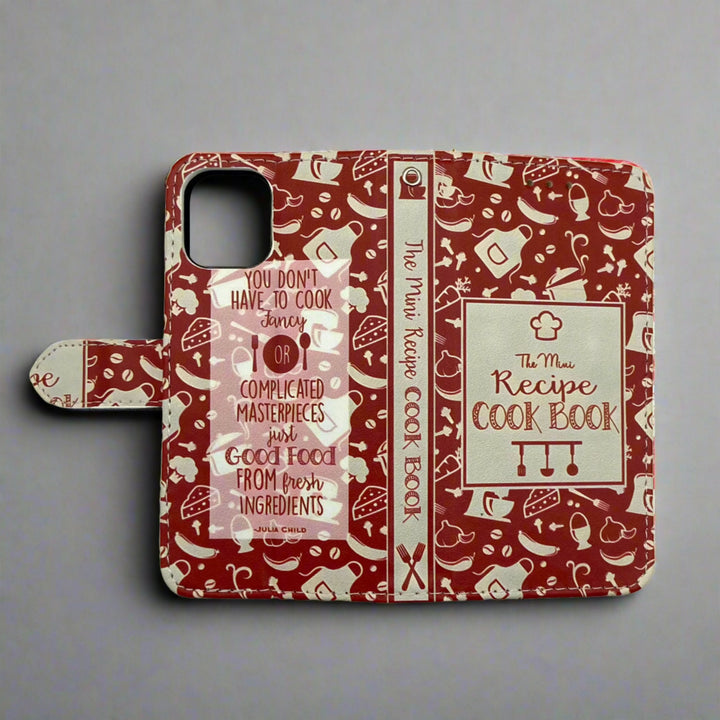 The front and back of a book-shaped phone case inspired by The Mini Recipe Cook Book.