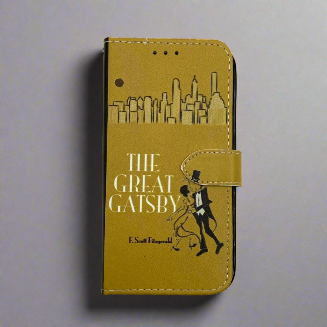 The front of a book-shaped phone case inspired by The Great Gatsby by F. Scott Fitzgerald.