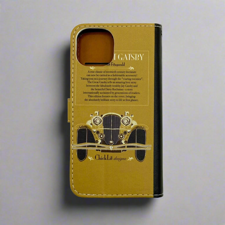 The back of a book-shaped phone case inspired by The Great Gatsby by F. Scott Fitzgerald.