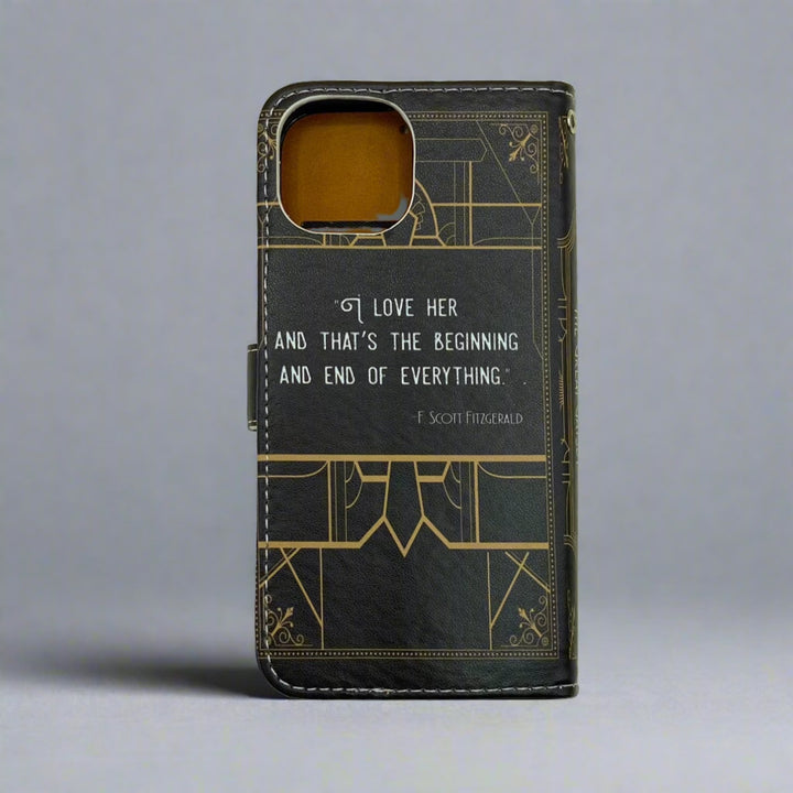 The back of a book-shaped phone case inspired by The Great Gatsby by F. Scott Fitzgerald.