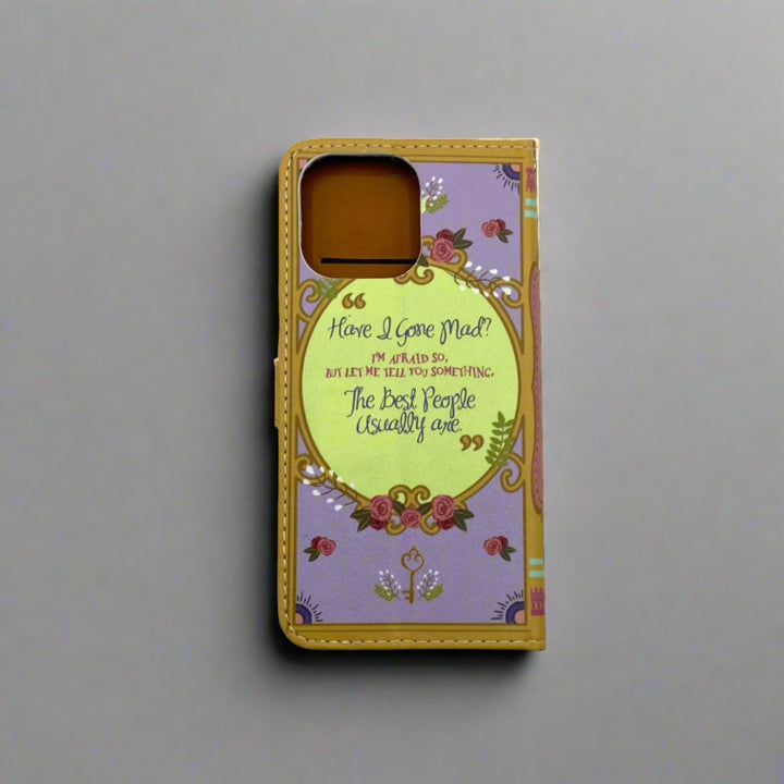 The back cover of a phone case featuring Alice in Wonderland by Lewis Carroll.