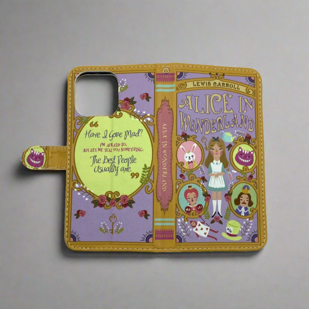 The front and back cover of a phone case featuring Alice in Wonderland by Lewis Carroll.