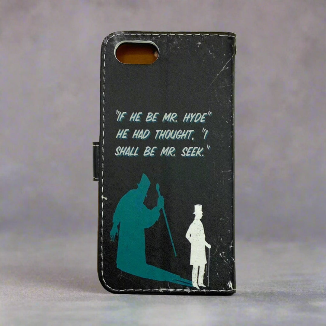 The back cover of a book-shaped phone case inspired by The Strange Case of Dr. Jekyll and Mr. Hyde by Robert Louis Stevenson.