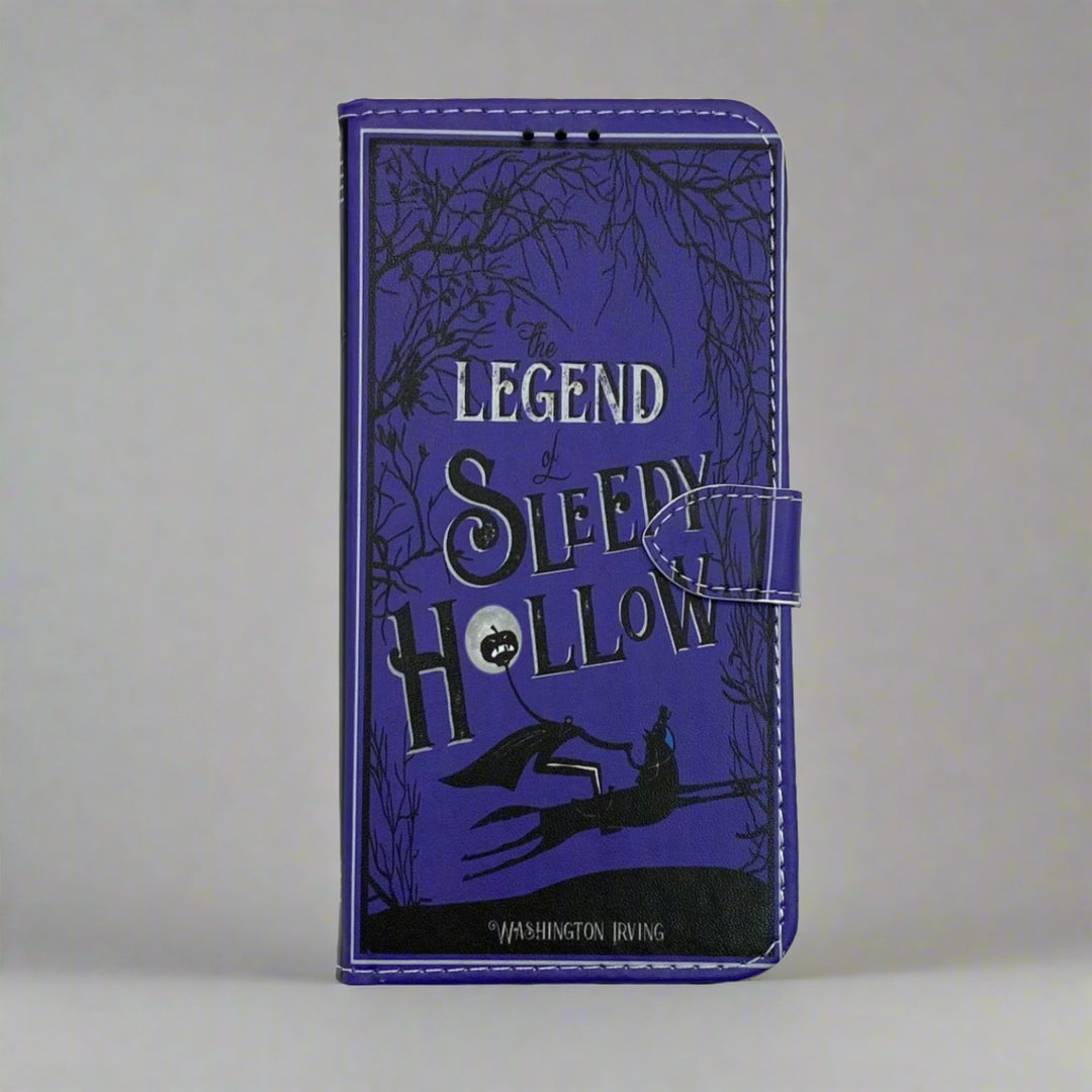 The front of a book-shaped phone case inspired by The Legend of Sleepy Hollow by Washington Irving.