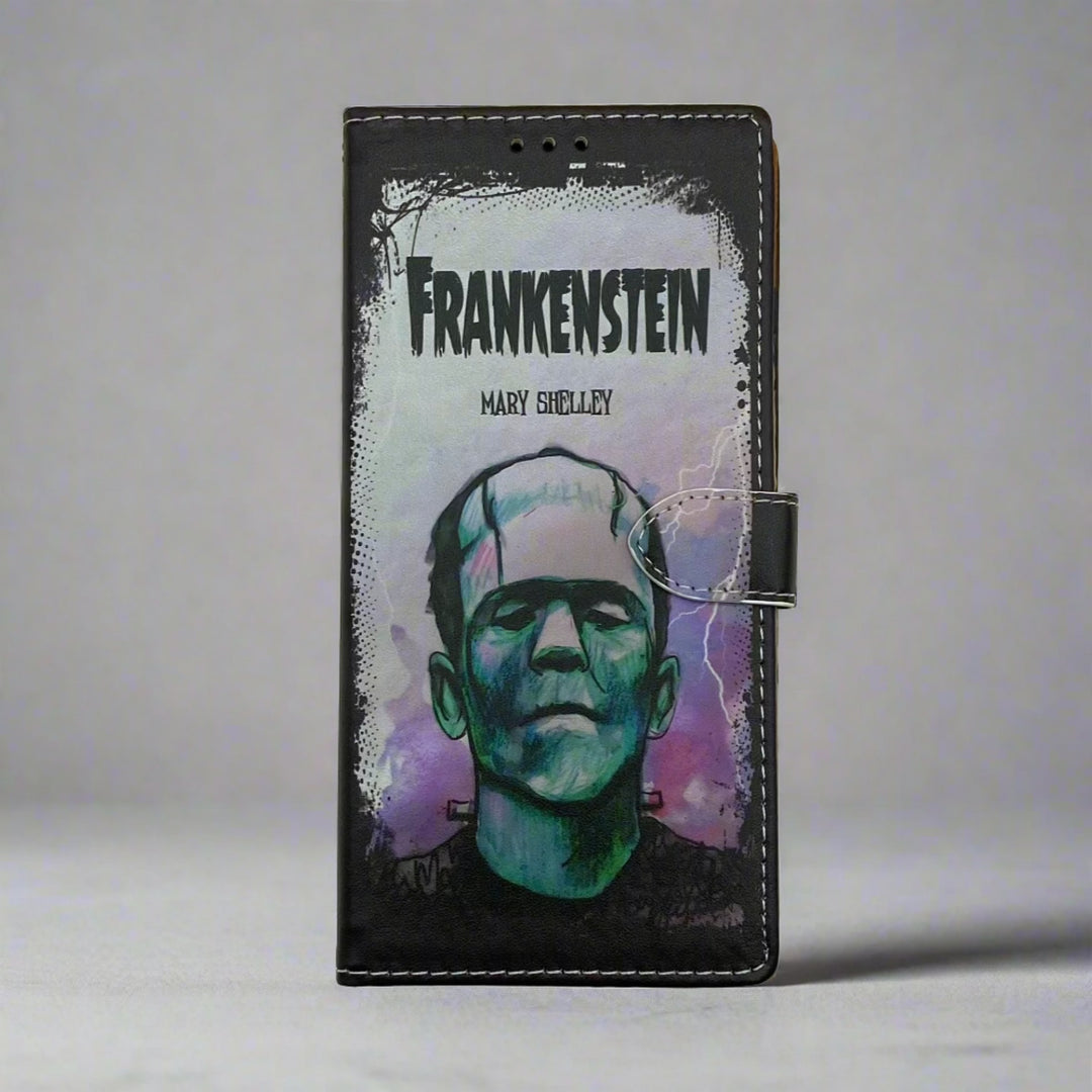 The front of a phone case inspired by Frankenstein by Mary Shelley.