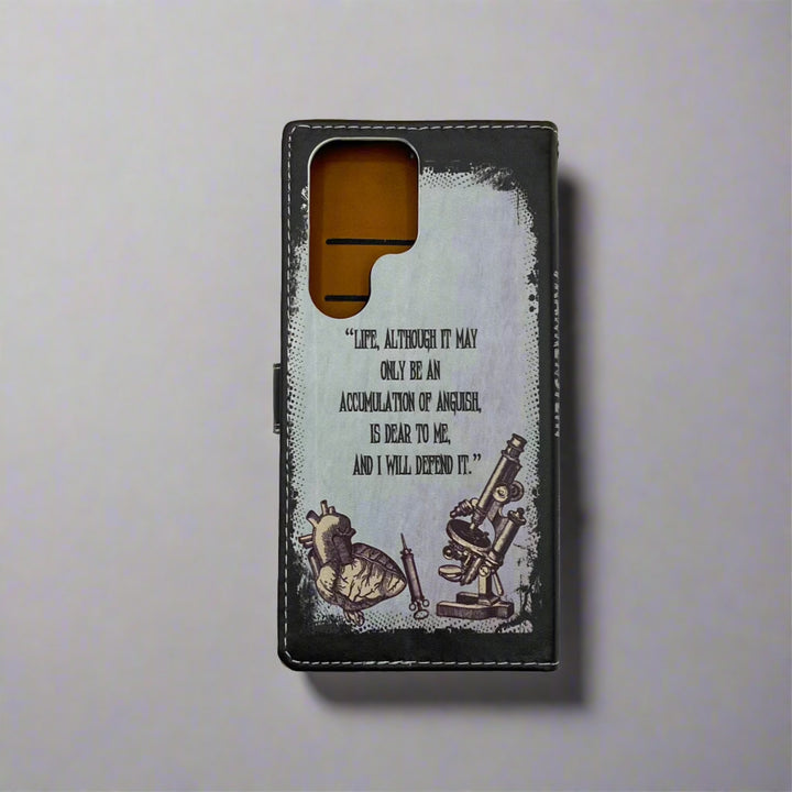 The back of a phone case inspired by Frankenstein by Mary Shelley.