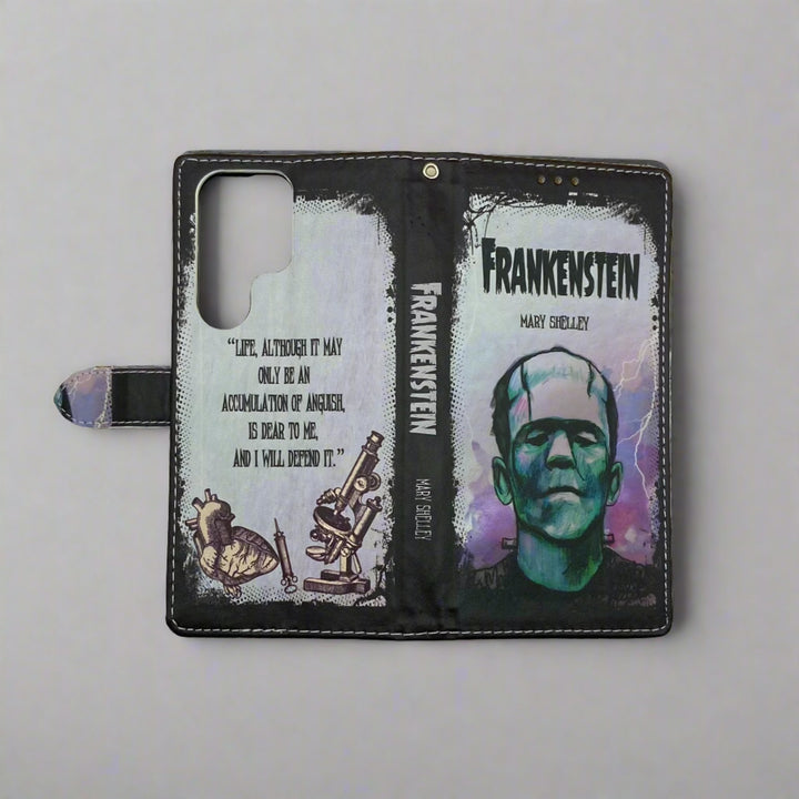 The front and back of a phone case inspired by Frankenstein by Mary Shelley.