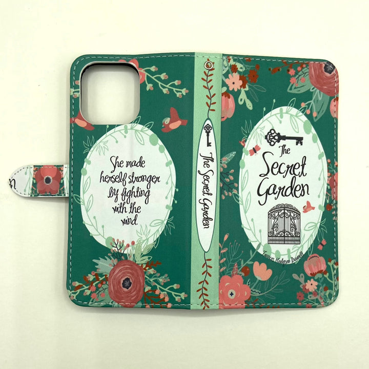 The front and back cover of a book-shaped phone case inspired by The Secret Garden by Frances Hodgson Burnett.